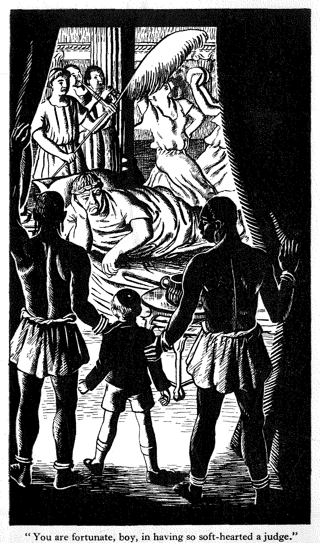 Illustration from Septimus: the boy Septimus, held by two guards, stands before Nero lying on a couch